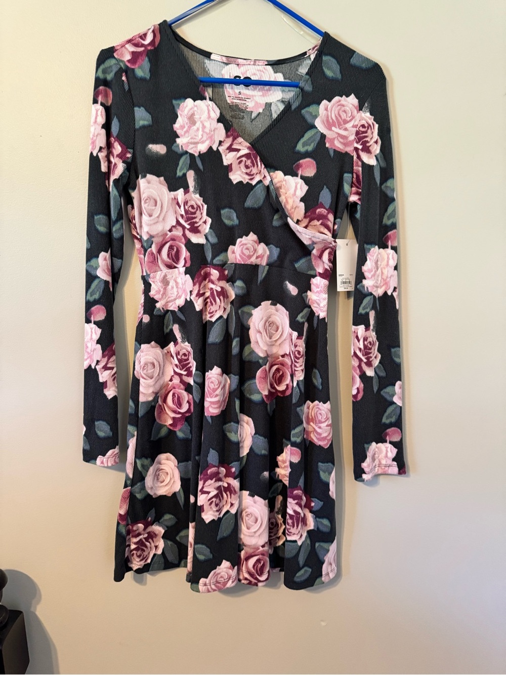 SO Blue Floral Long Sleeve Dress with Pink Roses
